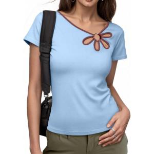 image:imageDokotoo Womens Tops Summer Short Sleeve Crew Neck Slim Fitted Blouse Trendy Cut Out Floral Pattern Basic Tees ShirtsSky Blue
