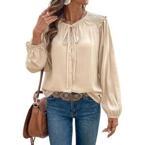 image:imageDokotoo Womens Tops Tie Front Long Lantern Sleeve Blouse Ruffle Crew Neck Button Down Boho ShirtsBeige