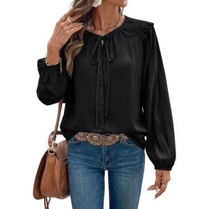 image:imageDokotoo Womens Tops Tie Front Long Lantern Sleeve Blouse Ruffle Crew Neck Button Down Boho ShirtsBlack