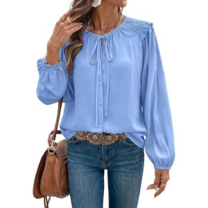 image:imageDokotoo Womens Tops Tie Front Long Lantern Sleeve Blouse Ruffle Crew Neck Button Down Boho ShirtsBlue