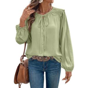 image:imageDokotoo Womens Tops Tie Front Long Lantern Sleeve Blouse Ruffle Crew Neck Button Down Boho ShirtsGreen