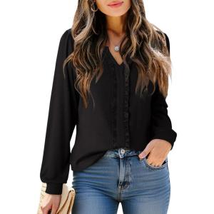 image:imageDokotoo Womens V Neck Ruffle Blouses Long Sleeve Casual Work Tops Loose Fit Pullover ShirtsBlack