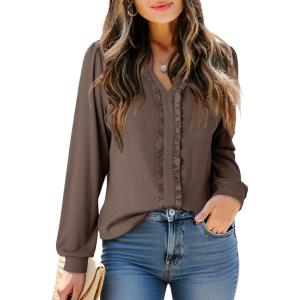 image:imageDokotoo Womens V Neck Ruffle Blouses Long Sleeve Casual Work Tops Loose Fit Pullover ShirtsDark Brown