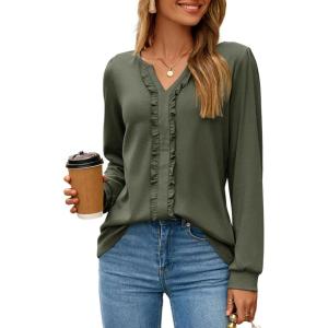 image:imageDokotoo Womens V Neck Ruffle Blouses Long Sleeve Casual Work Tops Loose Fit Pullover ShirtsGreen