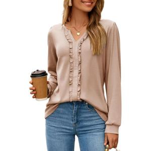 image:imageDokotoo Womens V Neck Ruffle Blouses Long Sleeve Casual Work Tops Loose Fit Pullover ShirtsSmoke Grey