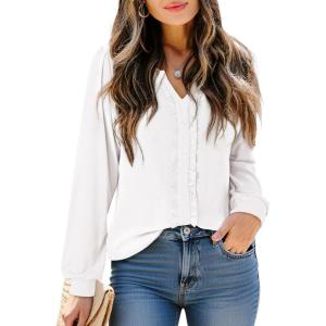 image:imageDokotoo Womens V Neck Ruffle Blouses Long Sleeve Casual Work Tops Loose Fit Pullover ShirtsWhite