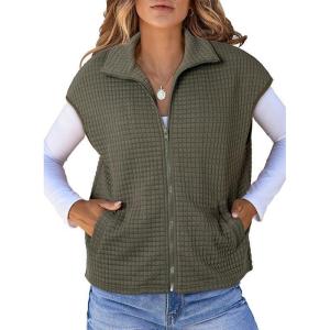 image:imageDokotoo Womens Vest Tops 2026 Zipper Up Cap Sleeve Side Pockets Waffle Knit Sleeveless Oversized VestsDark Green