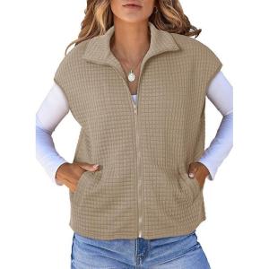 image:imageDokotoo Womens Vest Tops 2026 Zipper Up Cap Sleeve Side Pockets Waffle Knit Sleeveless Oversized VestsKhaki