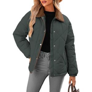 image:imageDokotoo Womens Winter Casual Quilted Jackets Long Sleeve Button Down Puffer Jacket Padded Outerwear CoatsMist Green