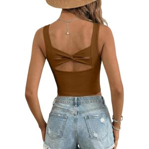 image:imageDokotoo Womens Workout Tank Tops with Built in Bra Casual Sleeveless Shirts Cross Backless Fitted Going Out TopsBrown