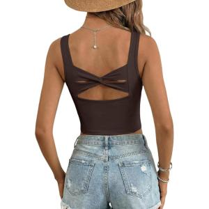 image:imageDokotoo Womens Workout Tank Tops with Built in Bra Casual Sleeveless Shirts Cross Backless Fitted Going Out TopsCoffe