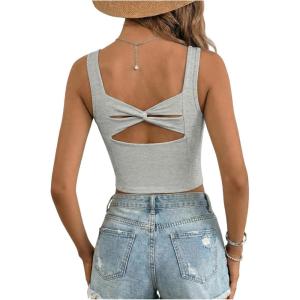image:imageDokotoo Womens Workout Tank Tops with Built in Bra Casual Sleeveless Shirts Cross Backless Fitted Going Out TopsGrey