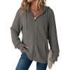 image:imageDokotoo Womens Full Zip Up Hoodies Waffle Knit Long Sleeve Drawstring Casual Sweatshirt Hooded TopsGrey