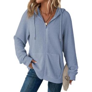 image:imageDokotoo Womens Full Zip Up Hoodies Waffle Knit Long Sleeve Drawstring Casual Sweatshirt Hooded TopsBeau Blue