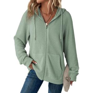image:imageDokotoo Womens Full Zip Up Hoodies Waffle Knit Long Sleeve Drawstring Casual Sweatshirt Hooded TopsSmoke Green