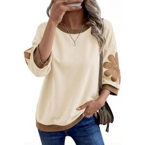 image:imageDokotoo Womens Oversized 34 Sleeve Sweatshirt Floral Patch Crewneck Pullover Casual TopsBeige