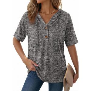 image:imageDokotoo Womens Summer Tops 2026 Short Sleeve Button V Neck Waffle Knit Lightweight Drawstring Hoodies Casual Blouses ShirtsGrey