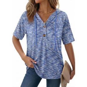 image:imageDokotoo Womens Summer Tops 2026 Short Sleeve Button V Neck Waffle Knit Lightweight Drawstring Hoodies Casual Blouses ShirtsSky Blue