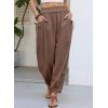 image:imageDokotoo Women Linen Wide Leg Pants Casual Elastic Waist Lounge Palazzo Harem Pants with PocketsBrown