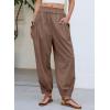 image:imageDokotoo Women Linen Wide Leg Pants Casual Elastic Waist Lounge Palazzo Harem Pants with PocketsBrown