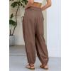 image:imageDokotoo Women Linen Wide Leg Pants Casual Elastic Waist Lounge Palazzo Harem Pants with PocketsBrown