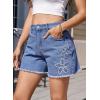 image:imageDokotoo Womens Jean Shorts Floral Embroidered High Waisted Casual Stretchy Raw Edge Hemline Denim ShortsDusk Blue