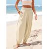 image:imageDokotoo Womens Pants Casual Smocked High Waisted Elastic Wide Leg Pants Loose Cotton Trousers with PocketsApricot