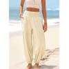image:imageDokotoo Womens Pants Casual Smocked High Waisted Elastic Wide Leg Pants Loose Cotton Trousers with PocketsApricot