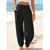 image:imageDokotoo Womens Pants Casual Smocked High Waisted Elastic Wide Leg Pants Loose Cotton Trousers with PocketsBlack