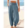 image:imageDokotoo Womens Pants Casual Smocked High Waisted Elastic Wide Leg Pants Loose Cotton Trousers with PocketsBlue