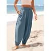 image:imageDokotoo Womens Pants Casual Smocked High Waisted Elastic Wide Leg Pants Loose Cotton Trousers with PocketsBlue
