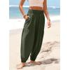 image:imageDokotoo Womens Pants Casual Smocked High Waisted Elastic Wide Leg Pants Loose Cotton Trousers with PocketsGreen