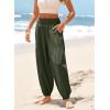 image:imageDokotoo Womens Pants Casual Smocked High Waisted Elastic Wide Leg Pants Loose Cotton Trousers with PocketsGreen