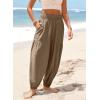 image:imageDokotoo Womens Pants Casual Smocked High Waisted Elastic Wide Leg Pants Loose Cotton Trousers with PocketsKhaki