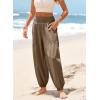 image:imageDokotoo Womens Pants Casual Smocked High Waisted Elastic Wide Leg Pants Loose Cotton Trousers with PocketsKhaki
