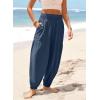 image:imageDokotoo Womens Pants Casual Smocked High Waisted Elastic Wide Leg Pants Loose Cotton Trousers with PocketsReal Teal