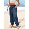 image:imageDokotoo Womens Pants Casual Smocked High Waisted Elastic Wide Leg Pants Loose Cotton Trousers with PocketsReal Teal