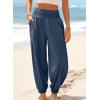 image:imageDokotoo Womens Pants Casual Smocked High Waisted Elastic Wide Leg Pants Loose Cotton Trousers with PocketsReal Teal
