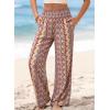 image:imageDokotoo Womens Summer Boho Floral Bagyy Pants Wide Leg High Smocked Waist Casual Loose Palazzo Pants with PocketRed