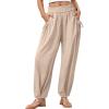 image:imageDokotoo Women Linen Wide Leg Pants Casual Elastic Waist Lounge Palazzo Harem Pants with PocketsBeige