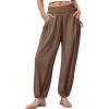 image:imageDokotoo Women Linen Wide Leg Pants Casual Elastic Waist Lounge Palazzo Harem Pants with PocketsBrown
