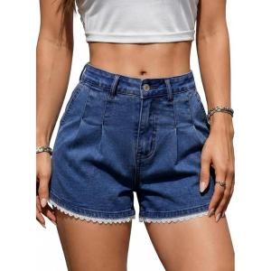 image:imageDokotoo Denim Shorts for Women Scalloped Lace Trim Mid Rise Jean Shorts Pleated Wide Leg Stretchy Summer Hot ShortBlue