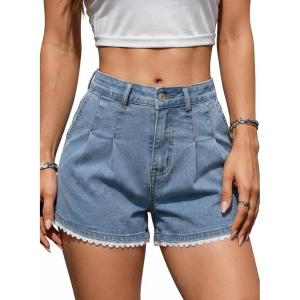 image:imageDokotoo Denim Shorts for Women Scalloped Lace Trim Mid Rise Jean Shorts Pleated Wide Leg Stretchy Summer Hot ShortLight Blue