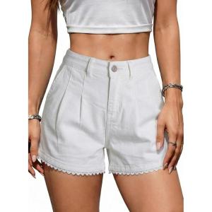 image:imageDokotoo Denim Shorts for Women Scalloped Lace Trim Mid Rise Jean Shorts Pleated Wide Leg Stretchy Summer Hot ShortWhite