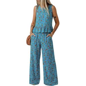 image:imageDokotoo Pants Sets Women 2 Piece Outfits Sleeveless Round Neck Tank Tops Matching Sets for Women Elastic Waist Wide LegZ Blue