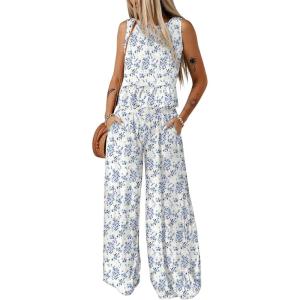 image:imageDokotoo Pants Sets Women 2 Piece Outfits Sleeveless Round Neck Tank Tops Matching Sets for Women Elastic Waist Wide LegZ Sky Blue