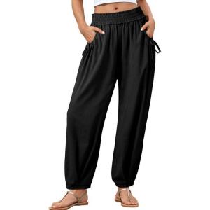 image:imageDokotoo Women Linen Wide Leg Pants Casual Elastic Waist Lounge Palazzo Harem Pants with PocketsBlack