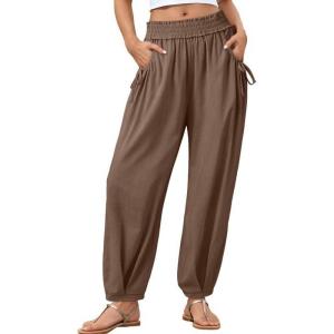 image:imageDokotoo Women Linen Wide Leg Pants Casual Elastic Waist Lounge Palazzo Harem Pants with PocketsBrown