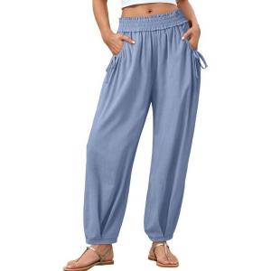 image:imageDokotoo Women Linen Wide Leg Pants Casual Elastic Waist Lounge Palazzo Harem Pants with PocketsSky Blue