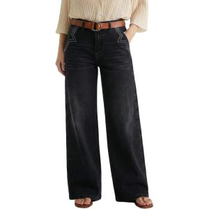 image:imageDokotoo Womens Casual Mid Waisted Distressed Straight Wide Leg Stretchy Jeans Baggy Denim PantsBlack